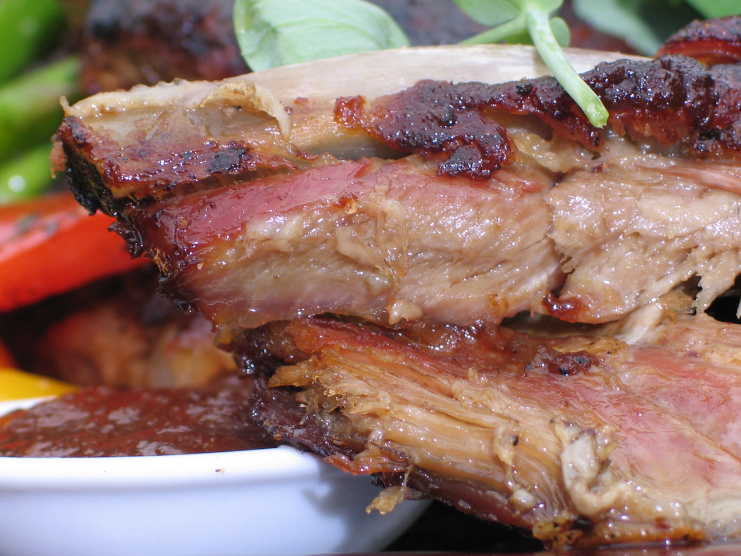 PORK RIBS WITH SWEET & TANGY BBQ SAUCE, SMOKY PEACH SAUCE