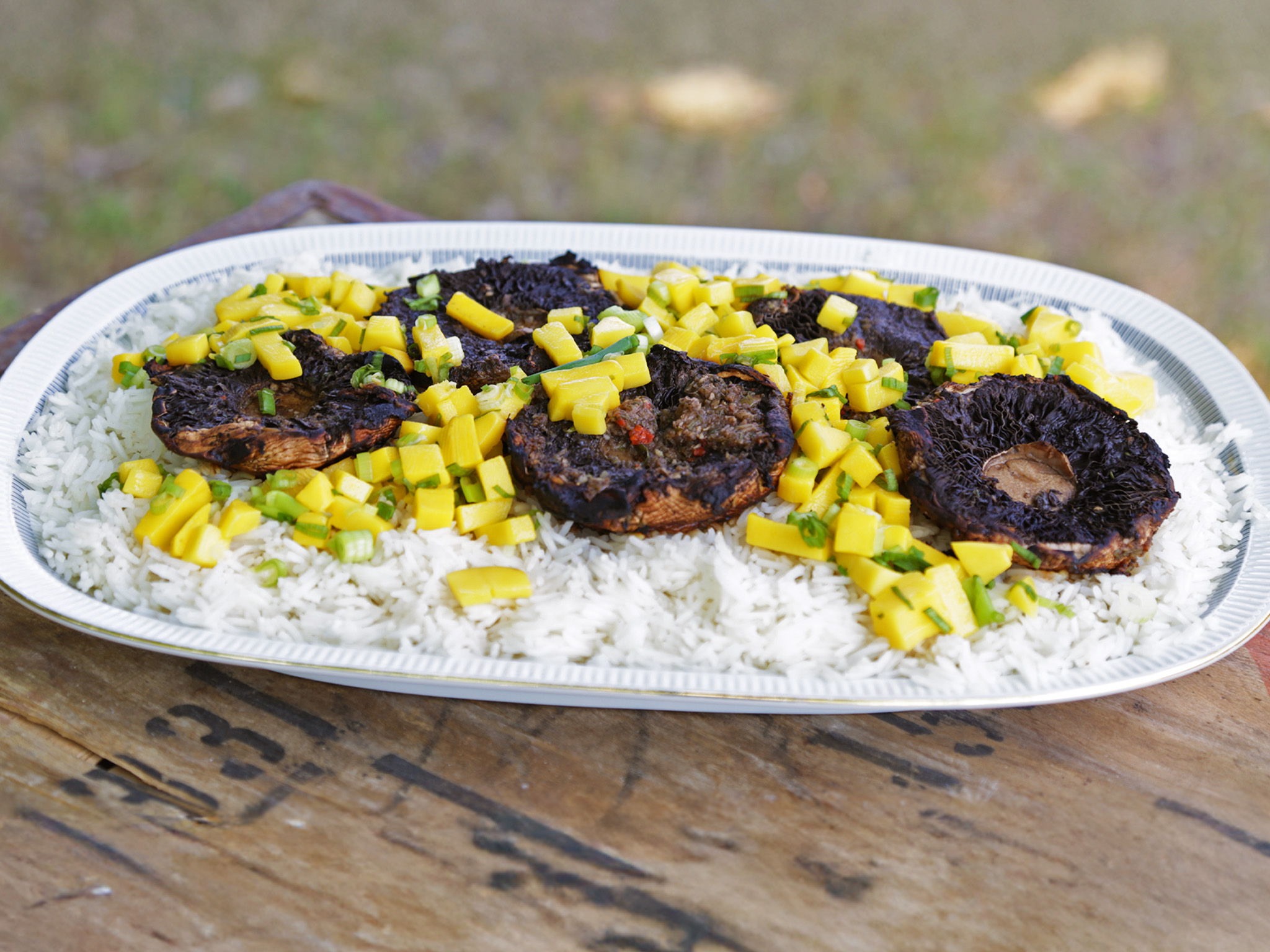 Grilled Jerk Mushrooms With Coconut Rice And Mango