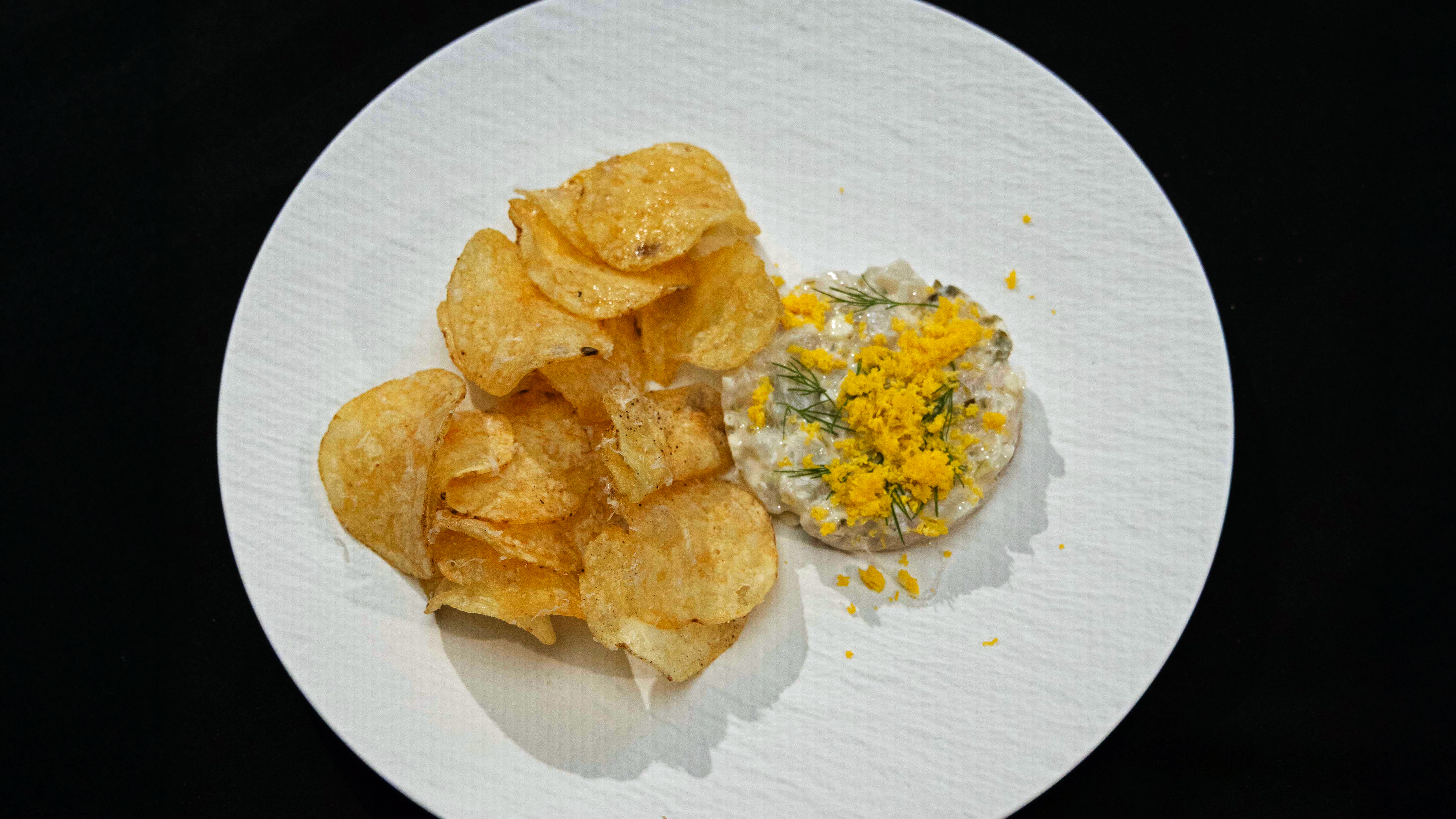 Whitefish Tartar with Beer Gribiche and Truffle Chips