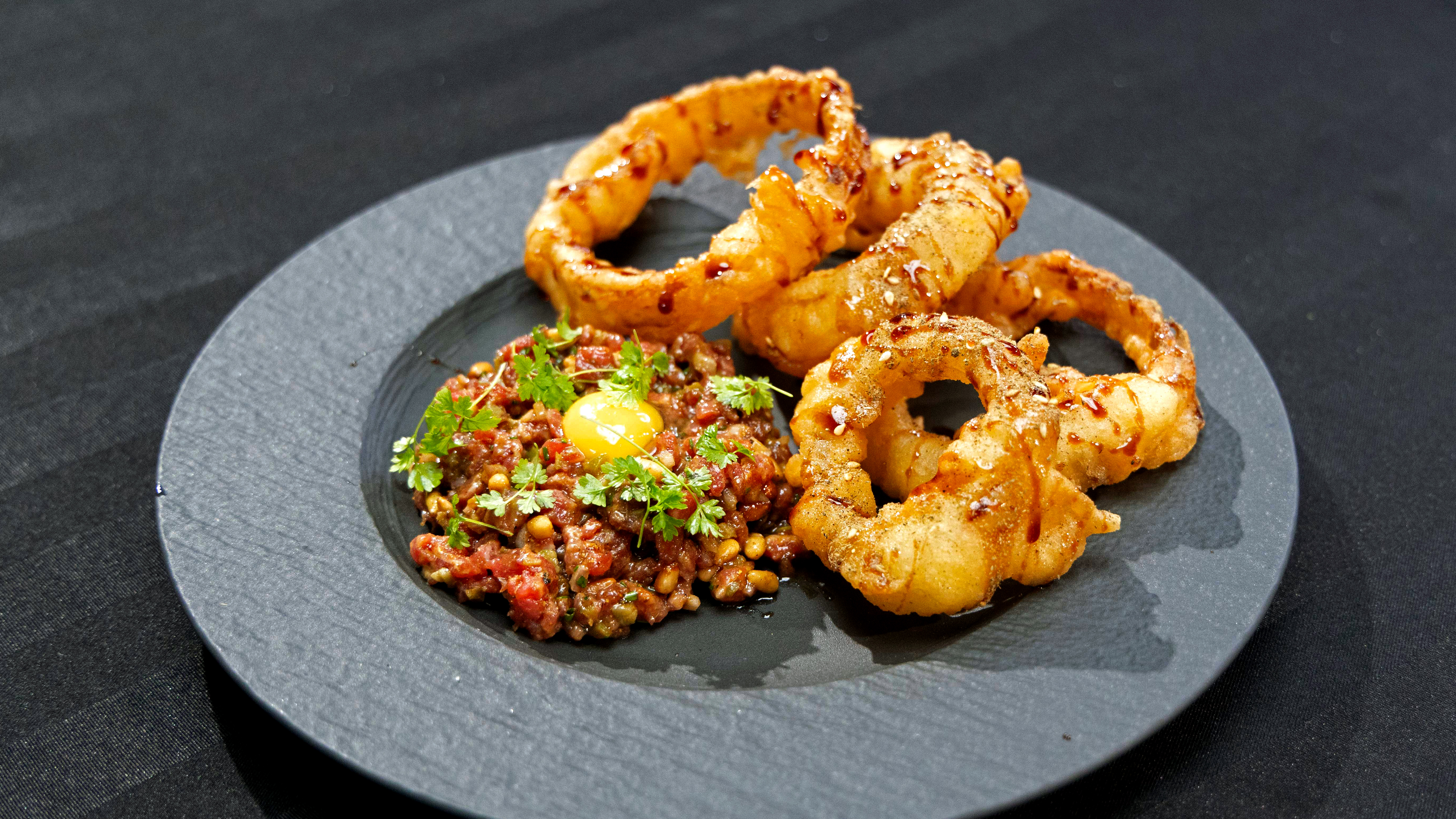 Ras el Hanout Beef Tartare and Za’atar Spiced Onion Rings