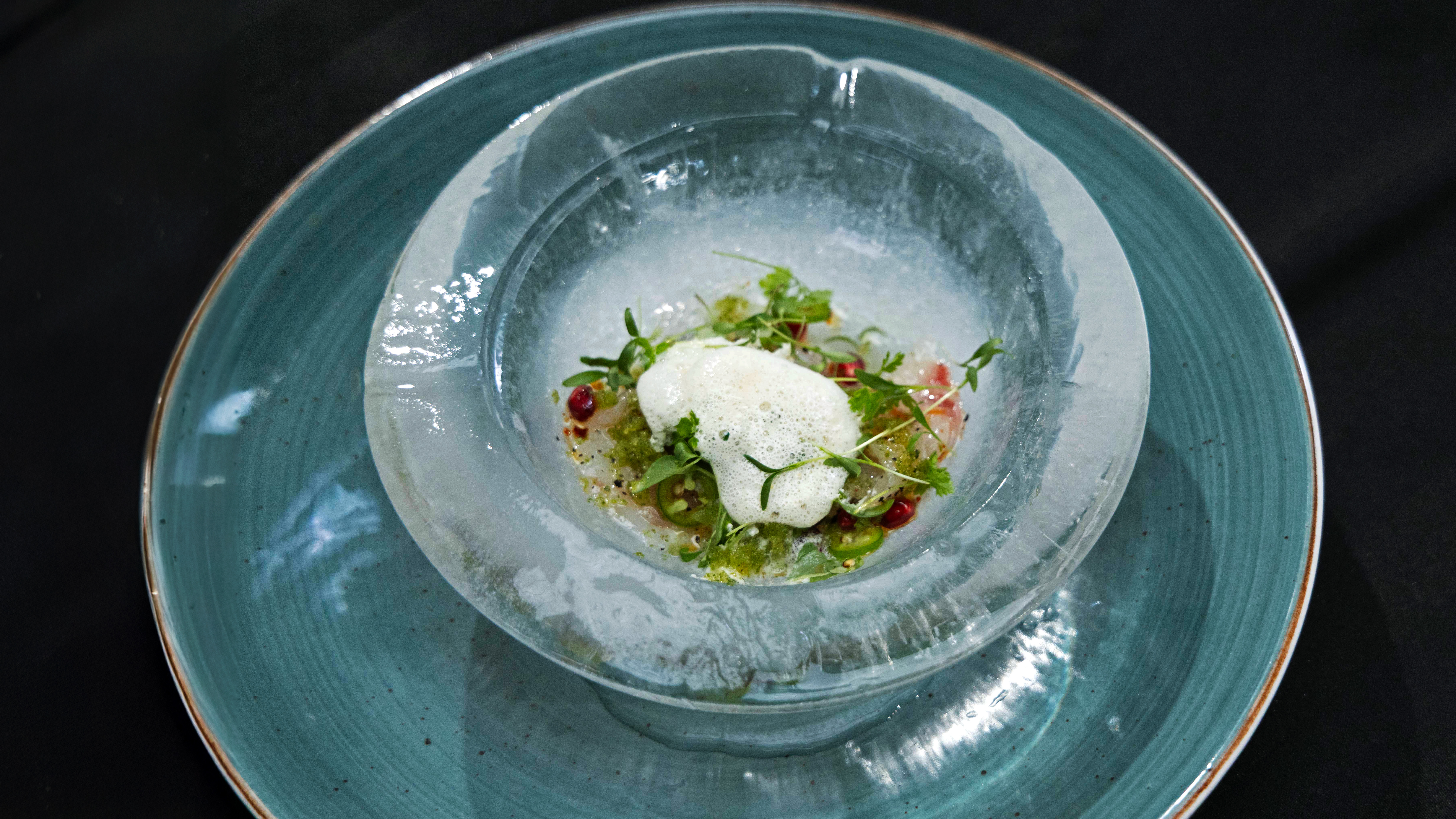 Sea Bass Crudo with Cucumber Mint Granita