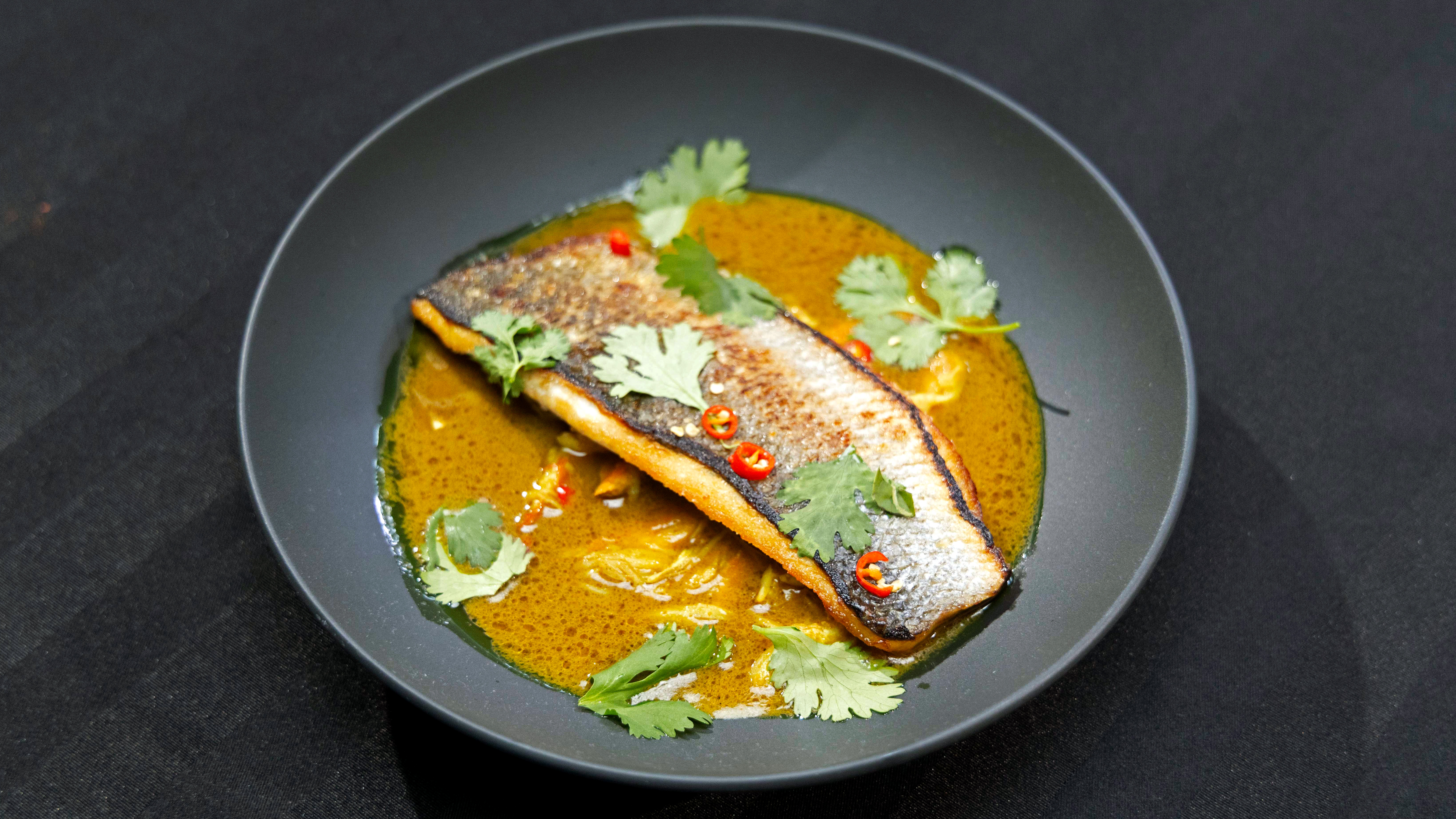 Bass with Yellow Curry and Crab