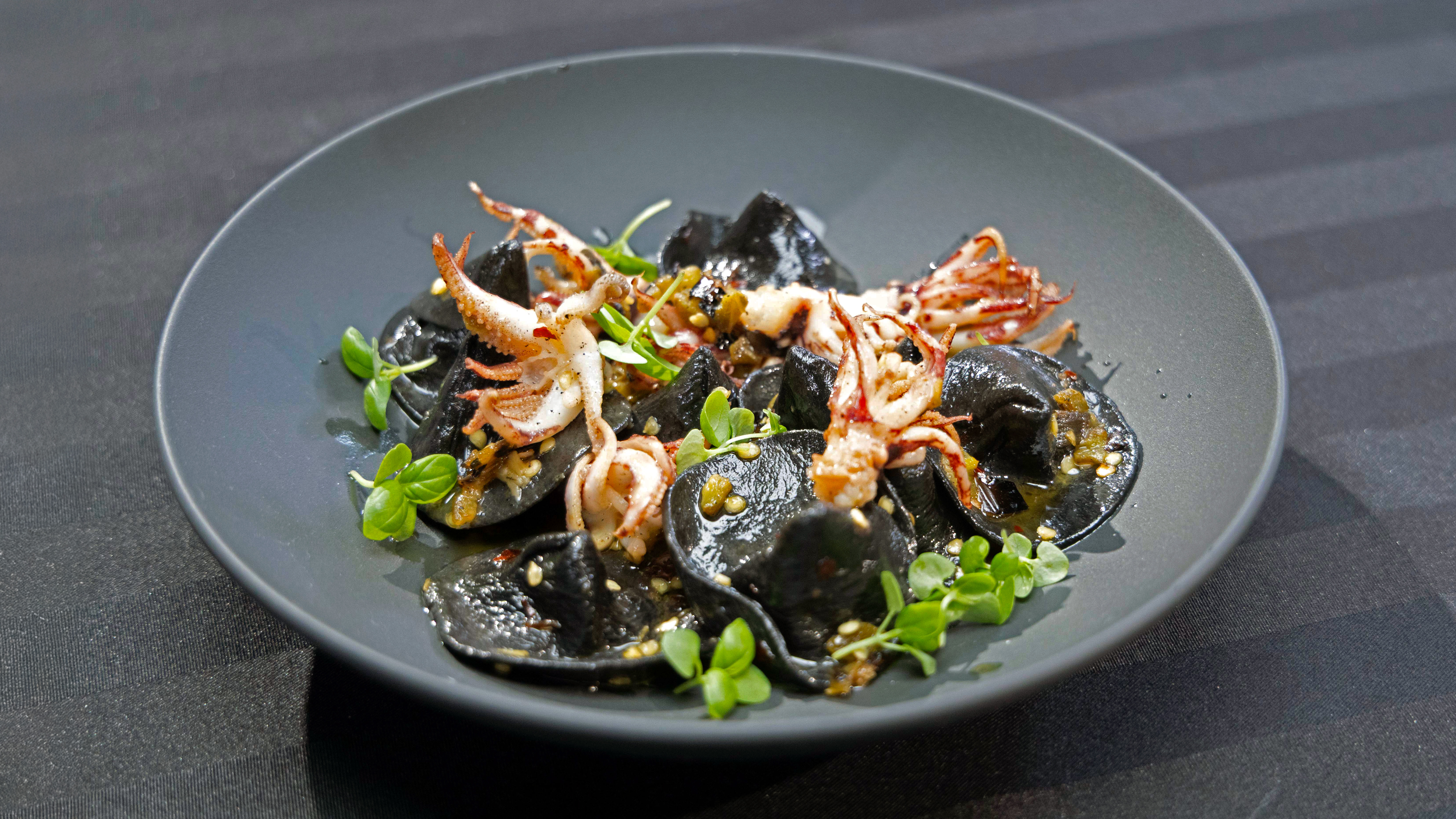 Witch Hat Pasta with Charred Jalapeños and Squid Tentacles