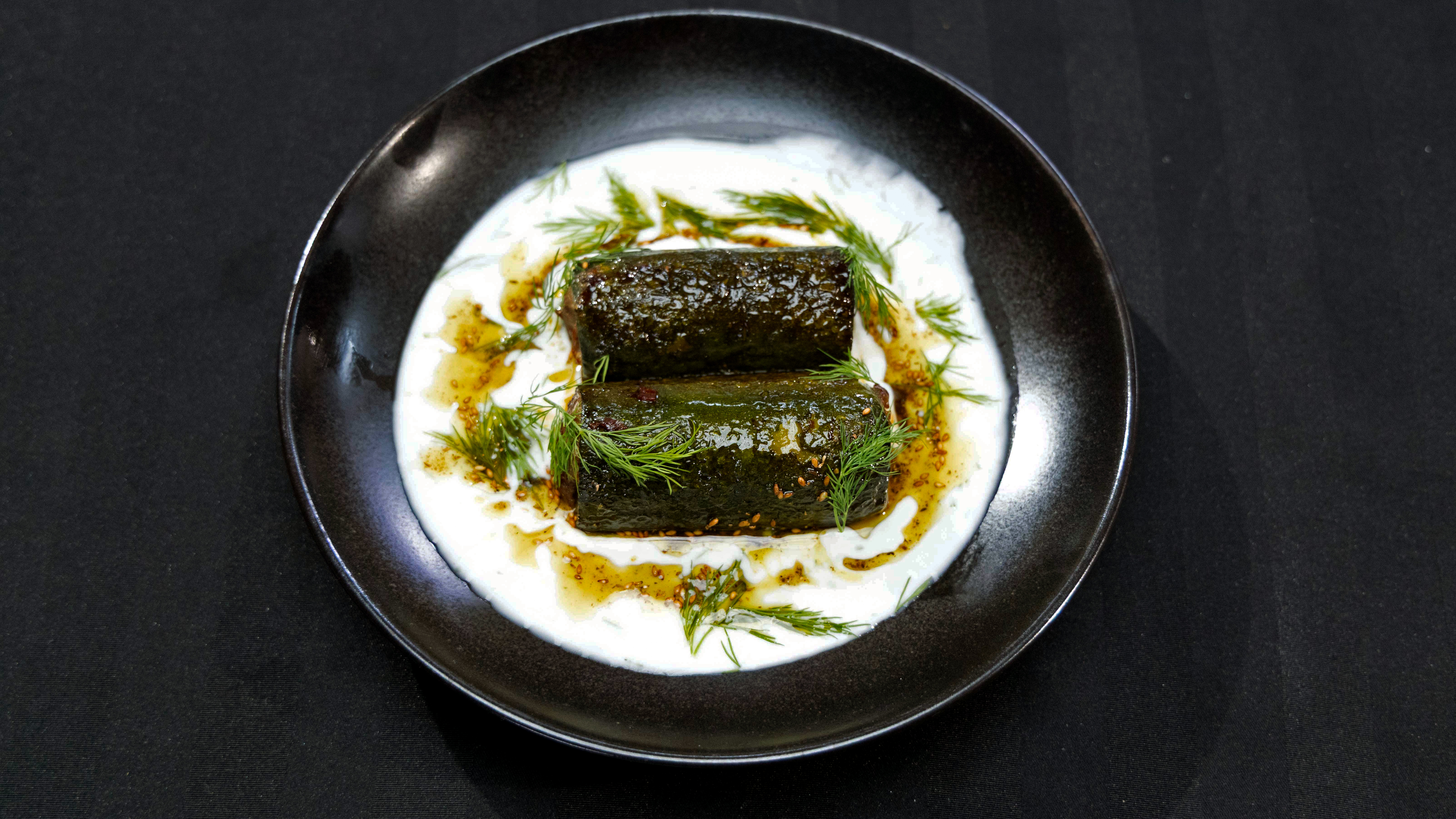 Lamb Stuffed Zucchini with Kefir Yogurt Sauce, Dill, and Za’atar