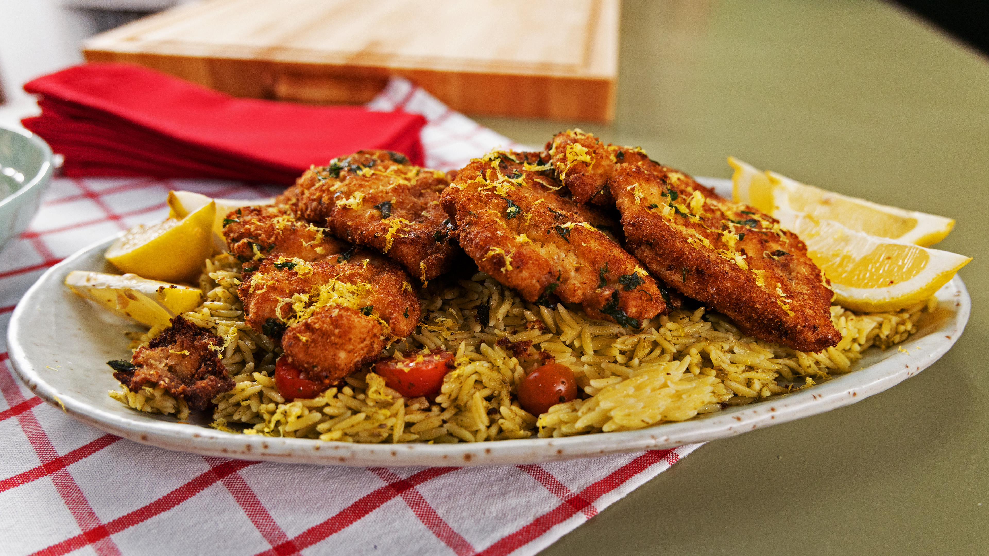 Parm Crusted Chicken Cutlets with Orzo and Pesto