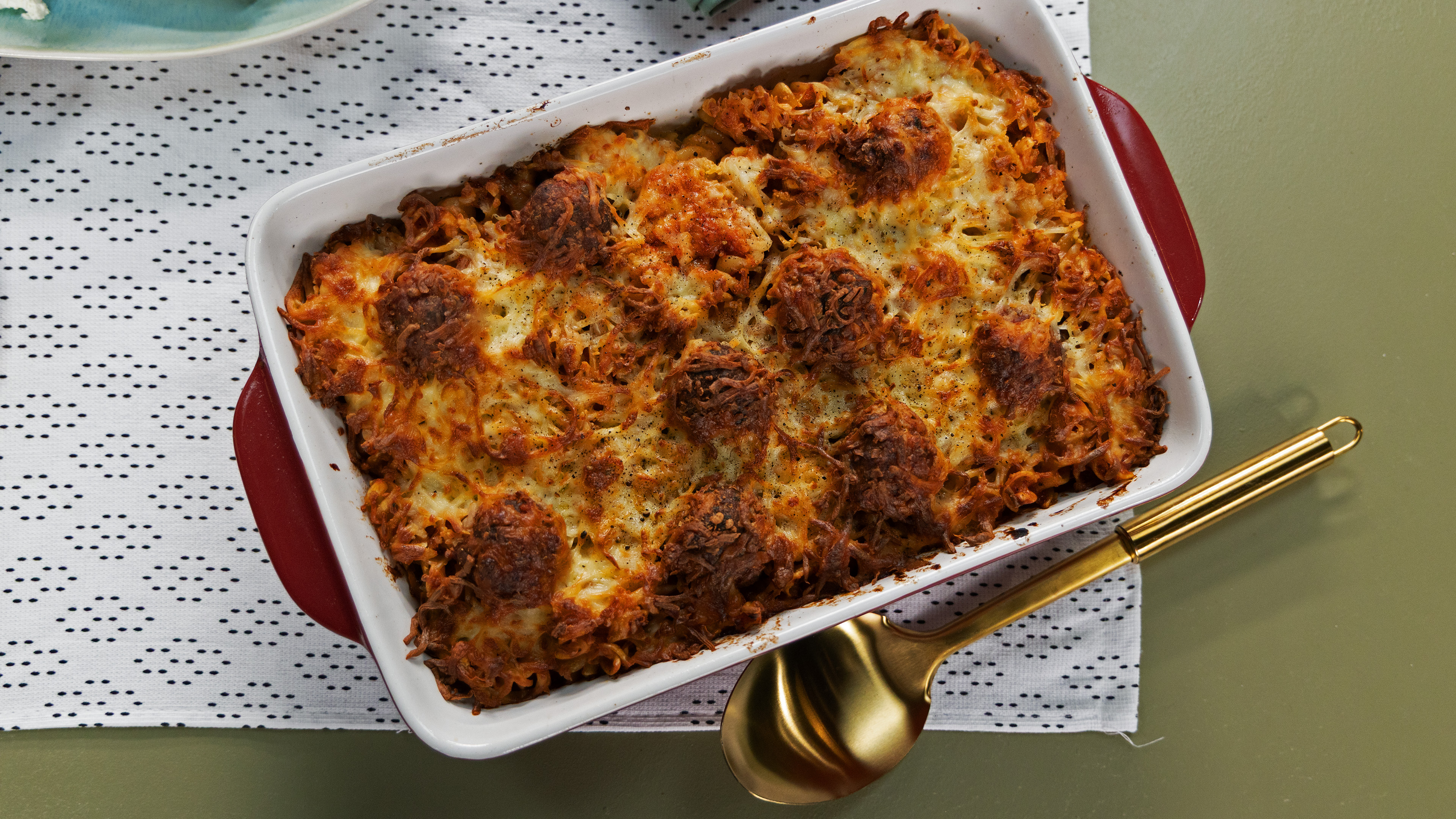 Tomato, Turkey Meatball, and Rotini Bake