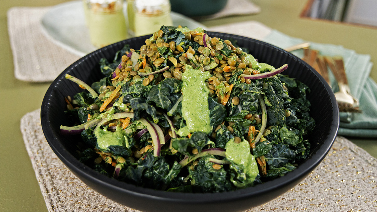 Kale and Lentil Salad with Silken Tofu Green Goddess Dressing Recipe