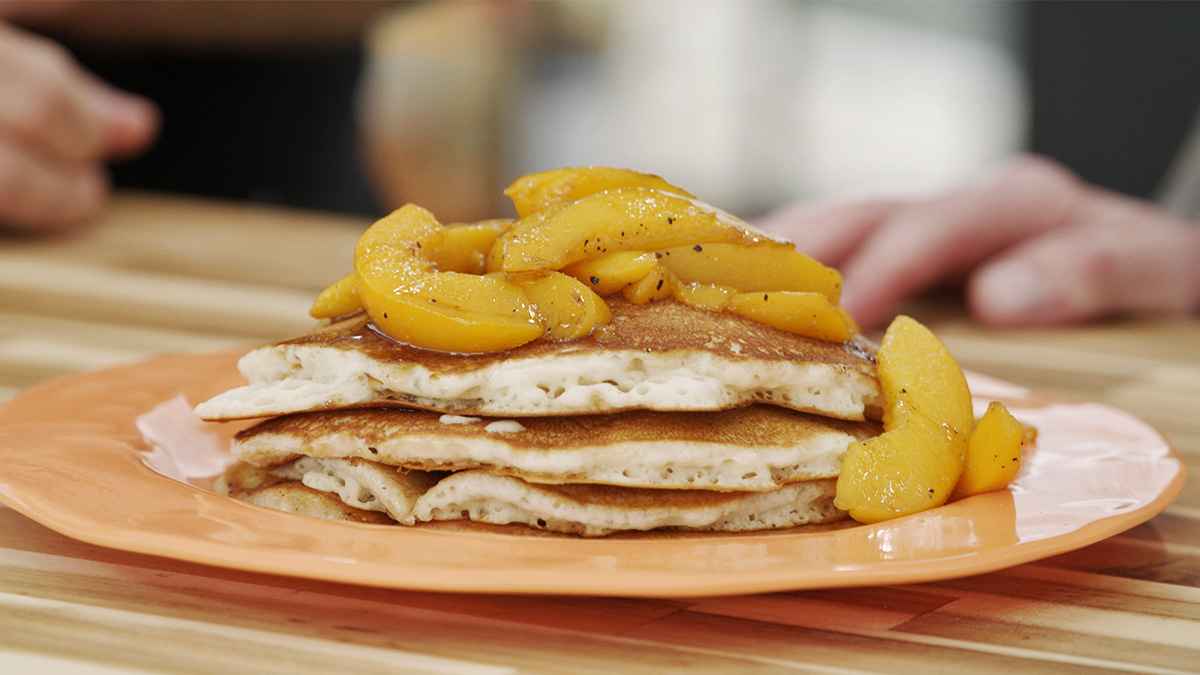 Bourbon Flambe Peach Pancakes Recipe