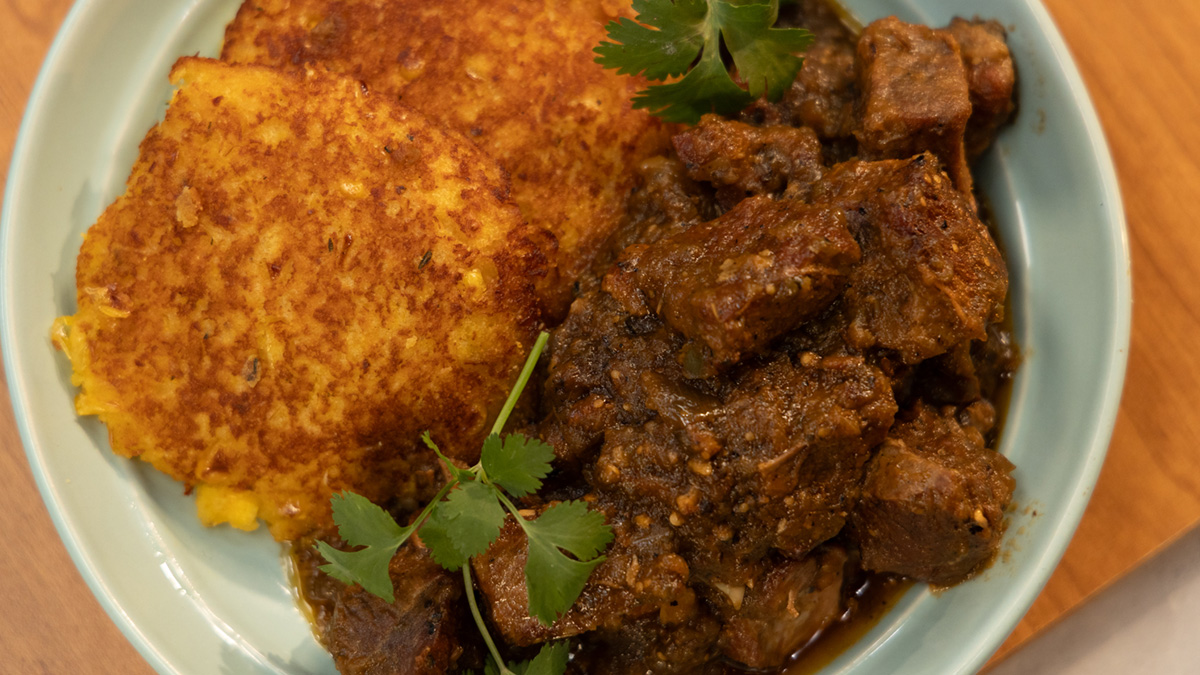 Stewed Green Chile Pork with Corn Griddle Cakes Recipe