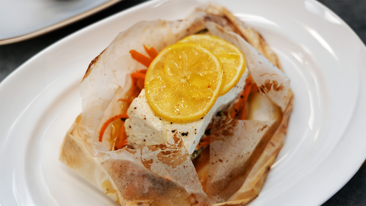 Exquisite Poisson en Papillote with Aubergine Rotie Recipe